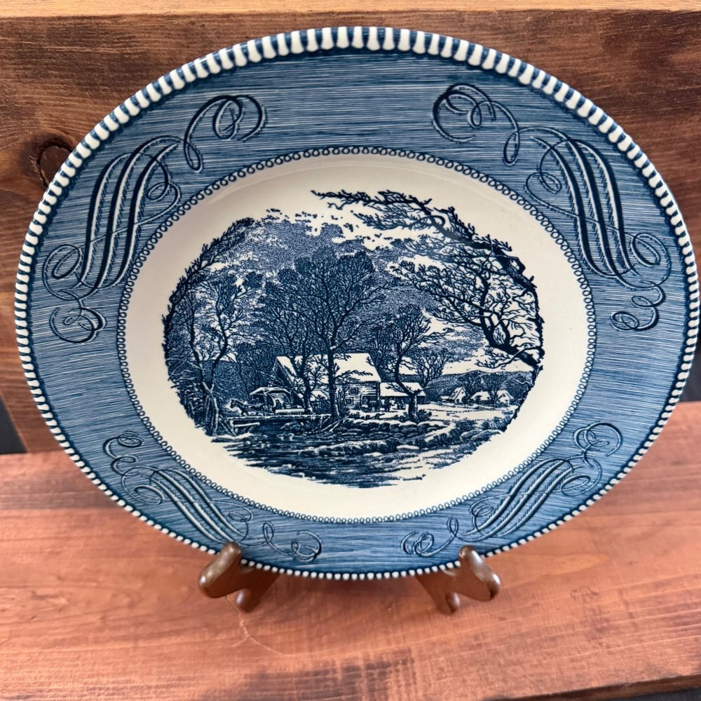 Royal China Currier & Ives The Old Grist Mill Blue White Plate w/ Stand Vintage